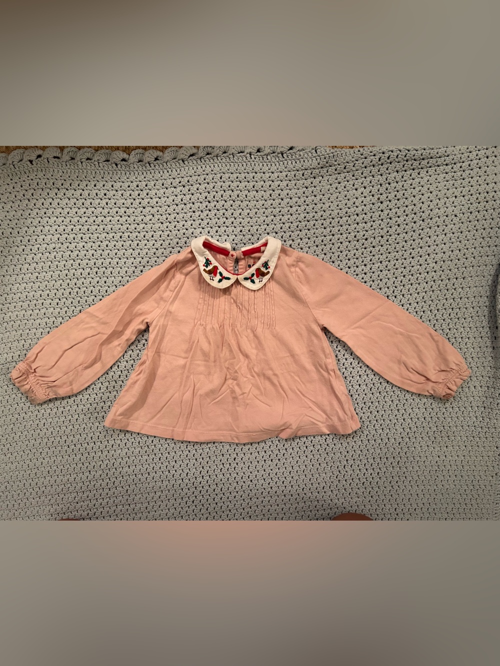 Mini Boden Pink Shirt with Cream Peter Pan Collar with Red Bird/Holly Accents